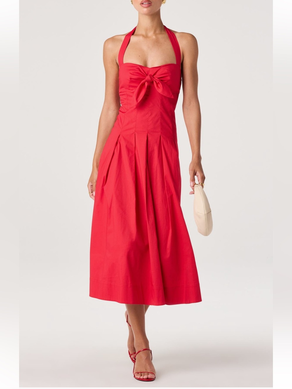 Astr the Label $109 Janae Red Halter Midi Dress with Front Bow